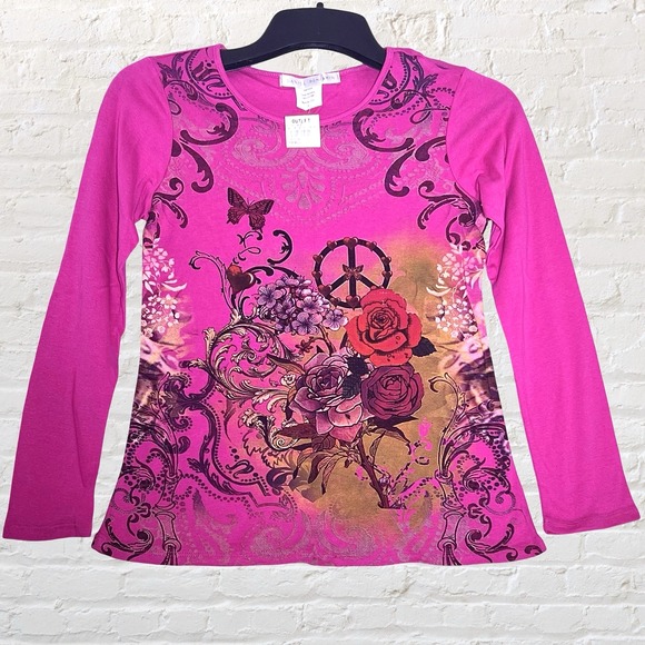 Y2K Daniel Benjamin Long Sleeve Tee Size SMALL Pink Hippie Floral Festival NWT - Picture 1 of 9